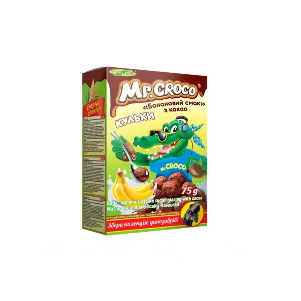 Kulki zbożowe Bananowy smak glazurowane polewą cukrową i kakao "Mr Croco Złote Ziarno" 75g