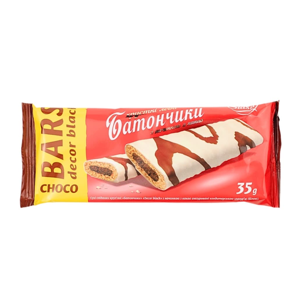 Batonik zbożowy z nadzieniem kakaowym glazurowane polewą biała cukierniczą Decor Black "Slasti Złote Ziarno" 35g